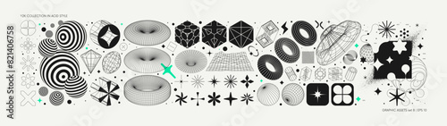 Vector graphic assets set in acid style, retro futuristic background with wireframe elements of different forms, bold modern shapes for design template, poster, stickers, banner in Y2k style set 8