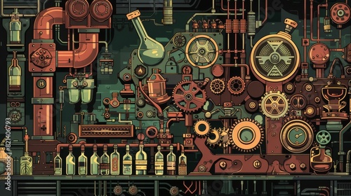 Steampunk machine with gears, pipes and bottles for industrial or fantasy design