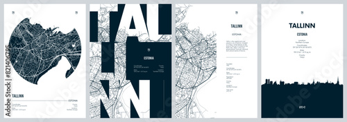 Set of travel posters with Tallinn, detailed urban street plan city map, Silhouette city skyline, vector artwork