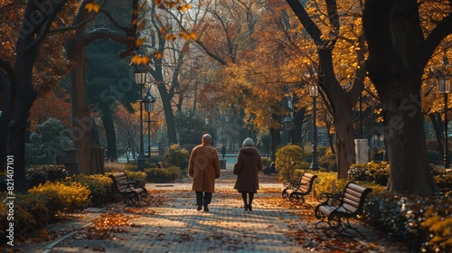 An elderly couple taking a peaceful walk down a tree-lined path in a park during autumn, with golden leaves creating a picturesque and serene atmosphere