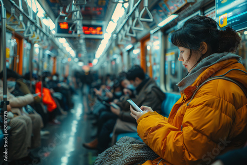 A commuter train packed with passengers traveling to and from work, each lost in their own thoughts or absorbed in their smartphones. Generative Ai.