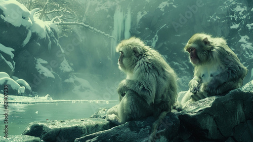 two cute snow monkeys sitting on the mountain 
