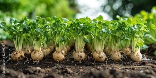 Close-up image of rows of radish plants with lush green leaves and visible roots growing in rich soil, under natural sunlight in a garden setting