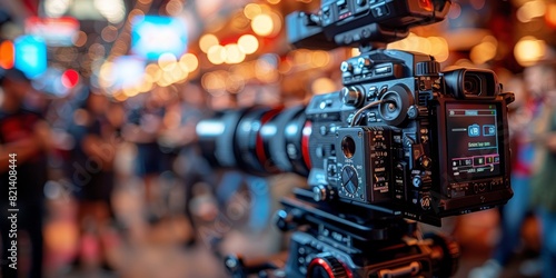 Professional video cameras displayed in a row with sharp focus and a colorful, blurred city background, highlighting the intricate technology and versatility of modern cinematography