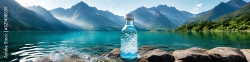 A clear bottle of water takes center stage in this abstract background, symbolizing hydration and natural purity against the idyllic setting of a mountain lake.