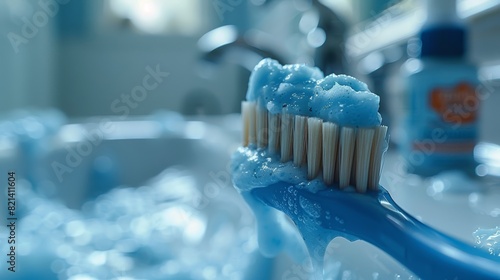 Close-up view of a blue toothbrush with white and blue bristles covered in toothpaste foam, placed near a bathroom sink with visible faucet