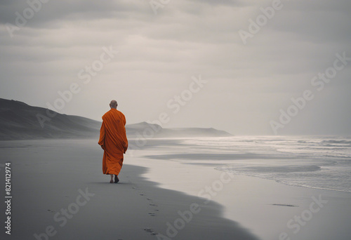 monk in orange robes walking on a gray alluvial sandy beach 
