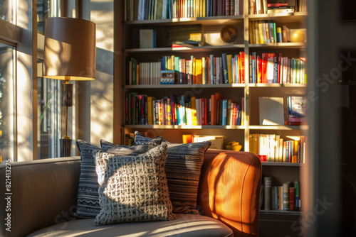 A cozy reading nook tucked away in a corner of the lobby, stocked with a selection of books for guests to enjoy during their stay. Concept of literary escape and relaxation. Generative Ai.