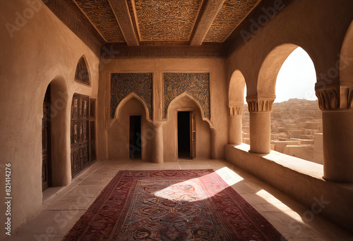 Interior of an old traditional Arabic house under strong sunlight with shades of wooden gutters, carved wooden doors and window grilles for ventilation.
