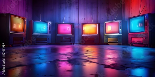 Retro TVs in dim room promoting TV addiction and fake news. Concept Media Manipulation, Fake News, Technology Addiction, Retro TV, Dark Room