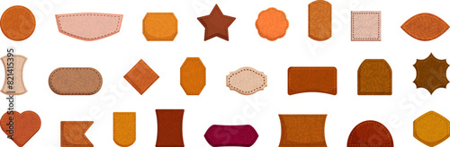 leather labels stitches vector. A collection of various shapes and sizes of brown and orange objects. The shapes are all different and appear to be made of different materials