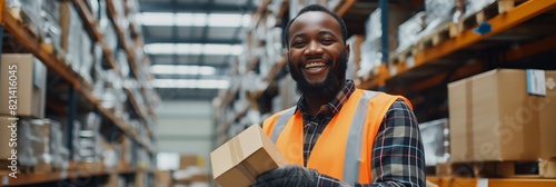 In a distribution center, a smiling warehouse worker demonstrates teamwork and efficiency while holding a parcel, emphasizing the positive work environment in the industrial sector