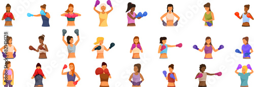 Woman boxing gloves vector. A group of women are shown in various poses, with some holding boxing gloves. Concept of empowerment and strength, as the women are depicted as confident and athletic