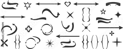 Set of long arrows and abstract symbols.Circular arrows. Mathematical brackets. Vector 