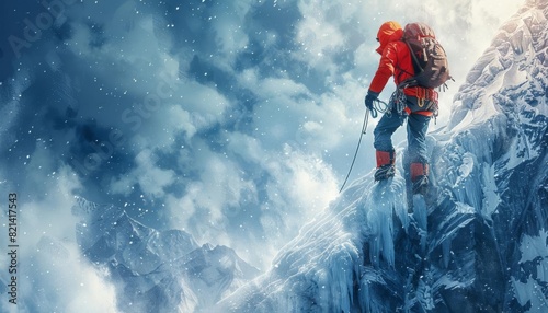 Lone Climber Ascending Icy Peak: A Winter Adventure of Determination