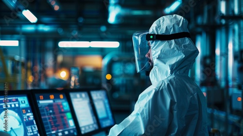 A worker in protective gear monitoring screens and gauges in the control room of a waste incineration plant.