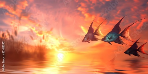 Turquoise fish flying in pink dawn sky creating surreal calming peace. Concept Surreal Art, Flying Fish, Turquoise Sky, Peaceful Dawn, Calming Pink Sky