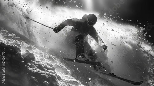 Ski jumper in mid-air in reverse silhouette on a white backdrop