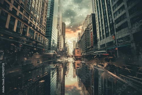 Photograph a cityscape with a surreal twist, incorporating elements of your favorite comic genre