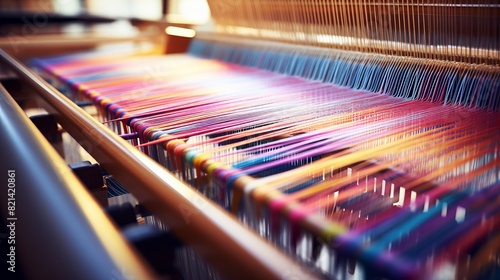 Close-up of colorful threads on a traditional weaving loom, showcasing vibrant textile patterns in a bright, artistic setting.