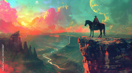 beautiful scenery showing a man riding a horse against a stunning landscape, digital illustration painting