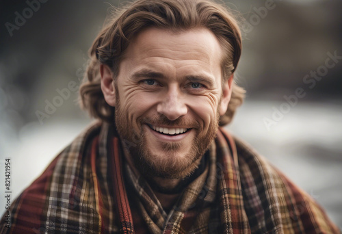 portrait of a beautiful Scottish man in traditional dress with sincere smile, isolated white background 