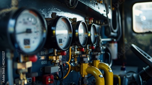 A closeup of a tanker trucks compartment showing the various gauges and meters monitoring the petroleum levels.