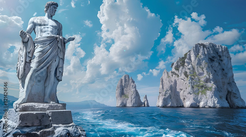 Collage with Faraglioni Rocks and statue of Emperor Augustus in Capri, Italy