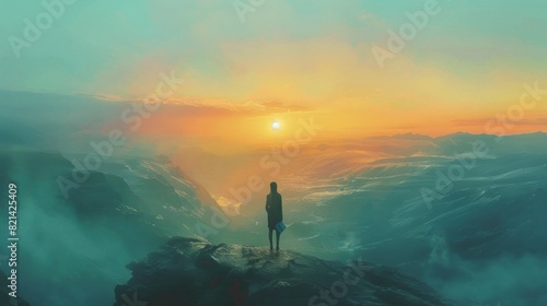 Woman contemplating a sunset over a mountain landscape