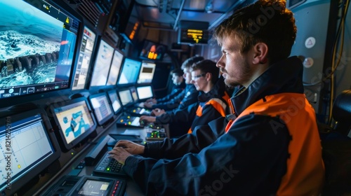 A group of engineers monitor screens and adjust controls ensuring that the floating devices are positioned and functioning correctly to gather tidal energy.