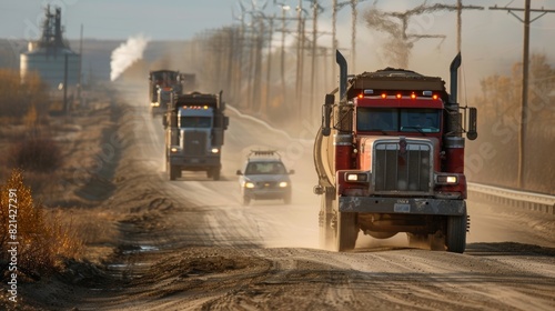 A truck convoy carrying oil sands travels along a dusty unpaved road towards a refinery.