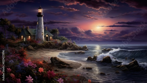 Stormy Seas Dramatic Lighthouse Landscape at Night