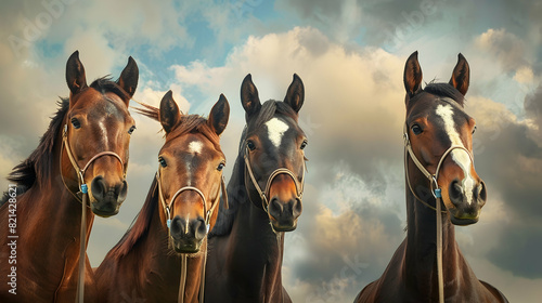 Four horses equine friends herd wearing halters outside in a paddock field meadow with a beautiful sky waiting watching alert listening