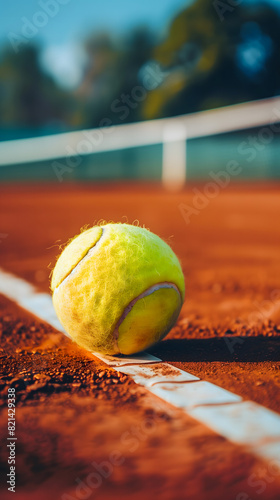 Une balle de tennis posée sur un terrain en terre battue au format portrait.