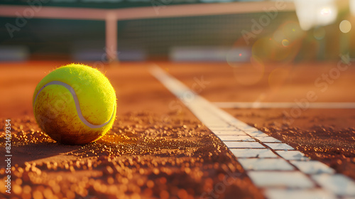 Gros plan sur une balle de tennis posée sur un terrain en terre battue.