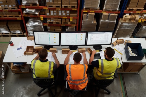 Warehouse workers utilize technology for efficient inventory management and operational optimization. Collaboration, industrial environment, electronics, and communication play a crucial role
