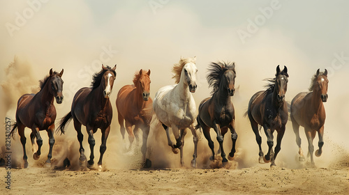 Stado koni biegnie naprzód na piasku w pyle na tle nieba