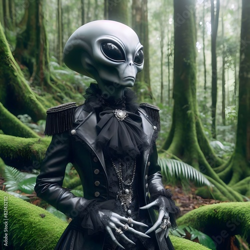 alien in the woods with gothic clothing 