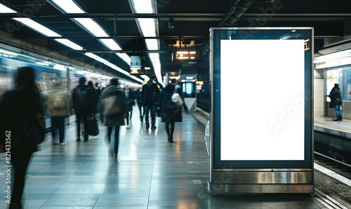 Mockup display in railway station. Empty business billboard in metro. Marketing mock up banner in subway. Template poster in city street. Blank board on underground platform