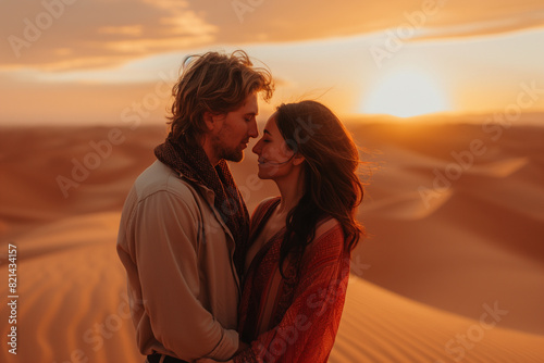 A couple embracing in the middle of a desert at dusk, with sand dunes stretching out into the distance and the sky painted in warm, dusky colors.