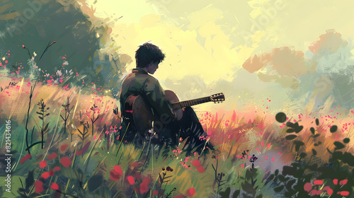 man playing guitar alone in the meadow, digital art style, illustration painting