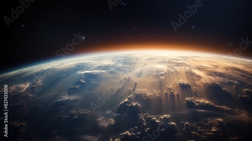view of Earth from space showcasing vast continents, blue oceans, and the curvature of the planet against a starry background.