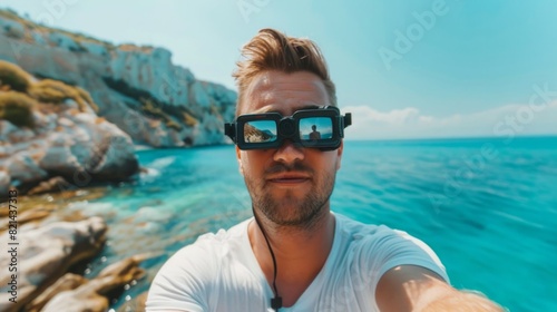 Positive young blogger vlogger traveler take a selfie photo on amazing ocean coast