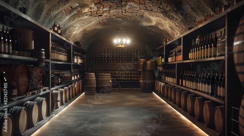 antique luxury underground wine cellar with expensive bottles, dark moody interior design