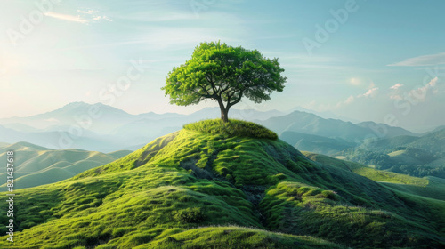 A solitary tree standing on a lush green hill with rolling mountains in the background, symbolizing peace and tranquility.