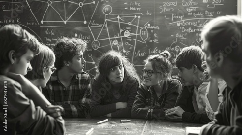 Black and white photo of a group of students in a classroom learning and discussing ideas
