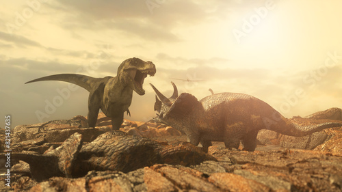 the battle of the dinosaurs Tyrannosaurus vs Triceratops render 3D