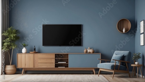 mid century living room, beige armchair with wood cabinet and stormy blue wall, mockup a TV wall mounted