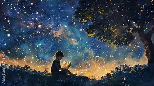Boy reading under a starry night sky, perfect for fantasy and education themed designs