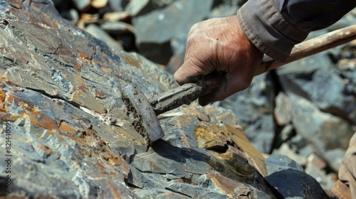 A worker using a pickaxe to extract uranium ore from a rock face.